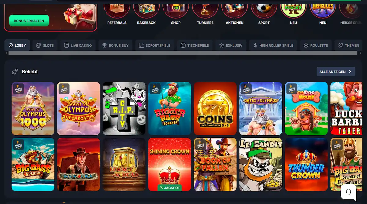 Beef Casino Spiellobby mit Slots und Live Casino Titeln